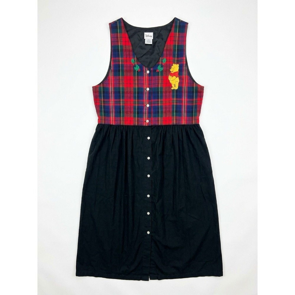 Vintage Disney Store Winnie the Pooh Plaid Corduroy Button Front Jumper Dress L